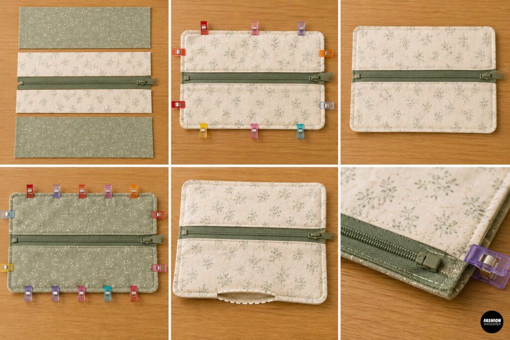 Step-by-step sewing collage showing exterior and lining fabric layers clipped around the edges and stitched together to assemble a zippered pencil pouch.