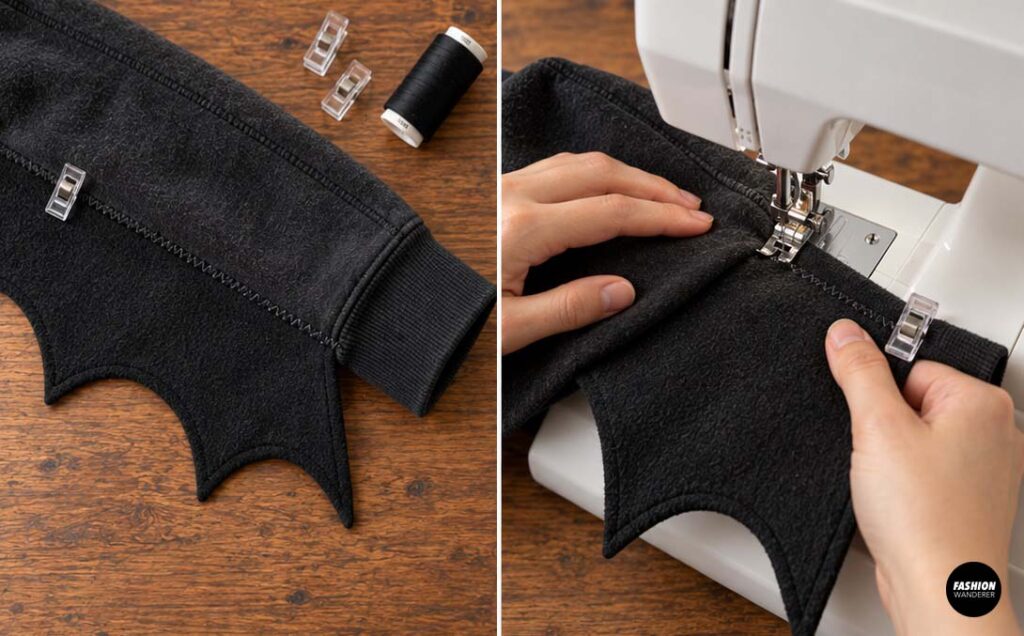 Close-up collage showing the black bat wing clipped beneath the hoodie sleeve and stitched securely in place with a sewing machine.