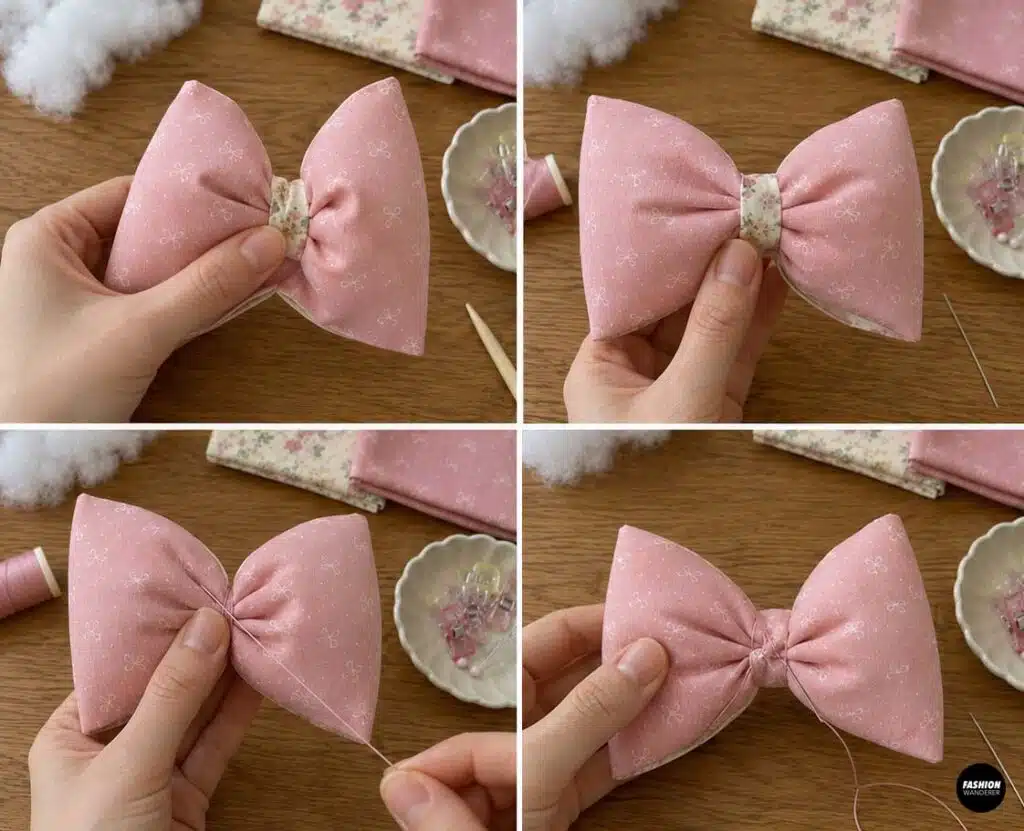 Four-step collage showing a stuffed pink fabric bow pinched and gathered at the center, then secured with hand stitching to create a defined classic bow shape.