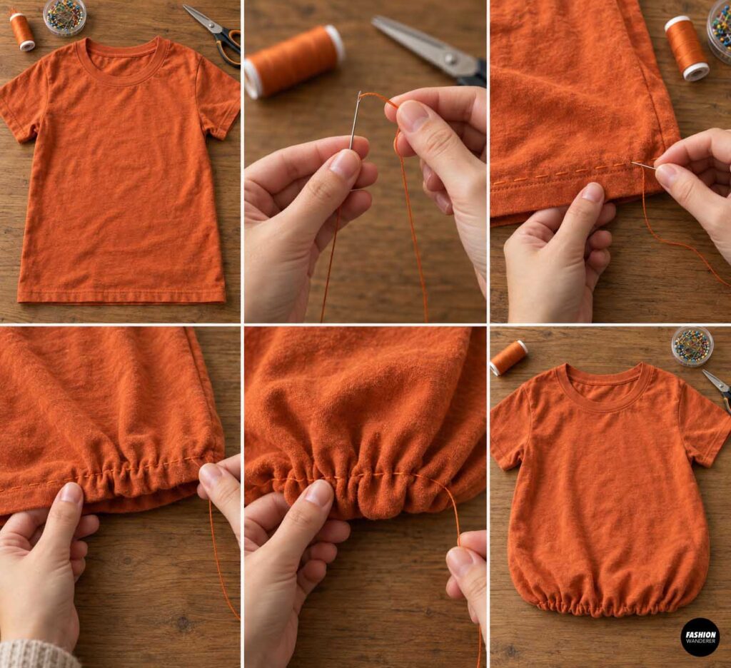 Collage showing an orange T-shirt transformed with a hand-sewn running stitch along the bottom hem, then pulled tight to create a gathered, rounded pumpkin-shaped pet costume.