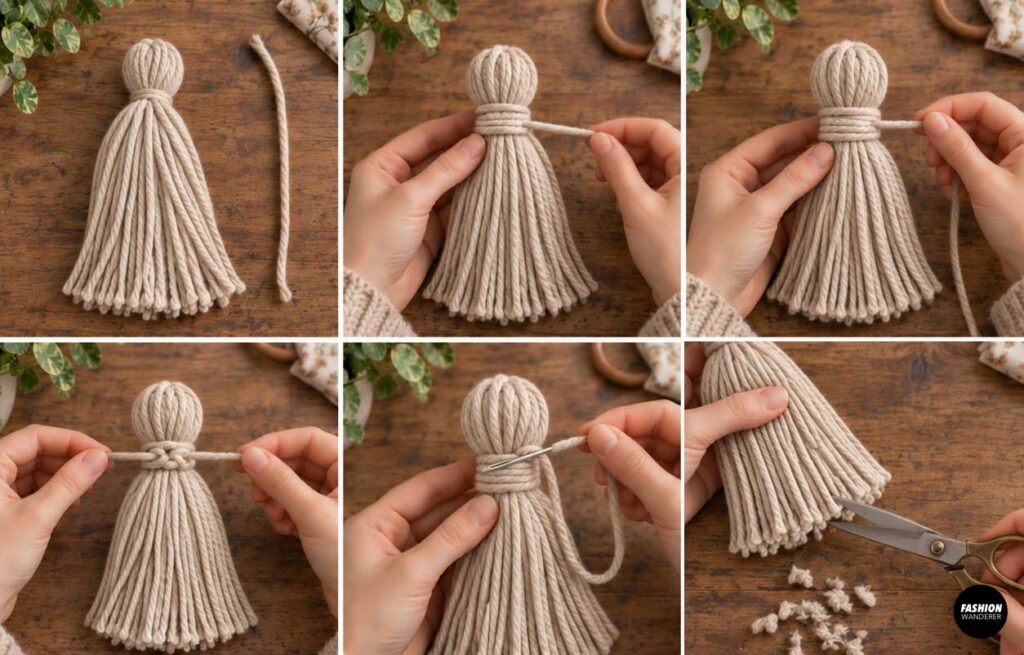 Step-by-step collage showing an oversized yarn tassel wrapped at the neck, secured with a yarn needle, and trimmed evenly with scissors.