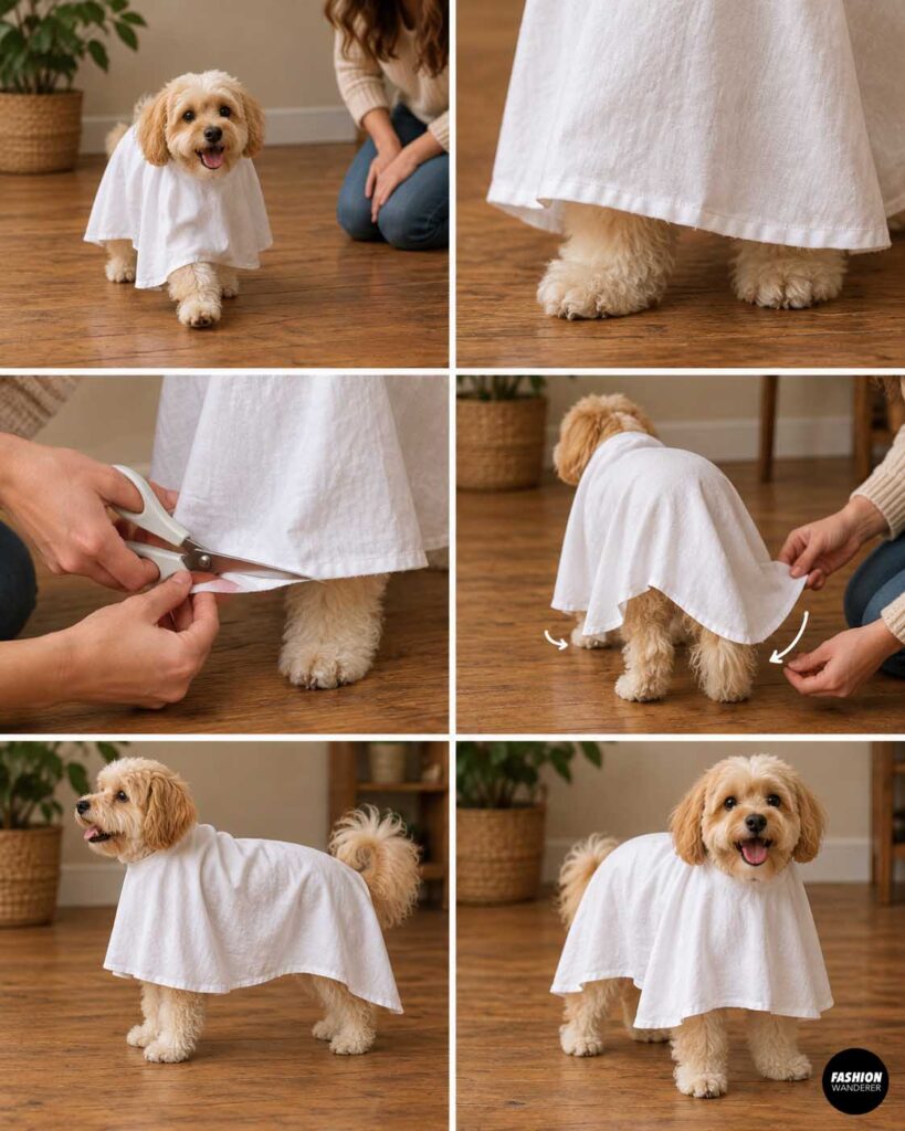 Collage showing a small dog wearing a white ghost costume while the lower edge is checked and trimmed so the fabric does not drag near the paws.