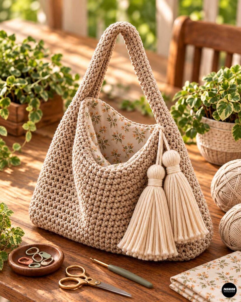 Beige slouchy crochet shoulder bag with floral lining and oversized cream tassels displayed on a sunlit wooden table with yarn, crochet tools, and green plants.
