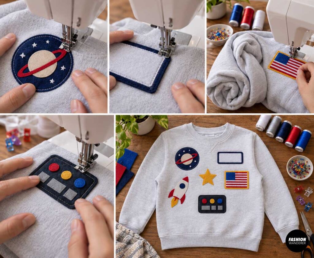 Collage showing space-themed felt patches being machine stitched around the edges on a white sweatshirt, including a planet, name patch, American flag, and colorful astronaut control panel, followed by the finished arrangement of rocket, star, flag, planet, and mission patches.