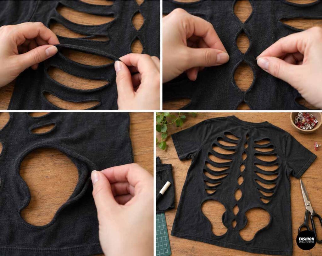 Hands gently stretching the raw edges of the rib, spine, and hip cutouts on a black T-shirt to help the knit fabric roll and soften.