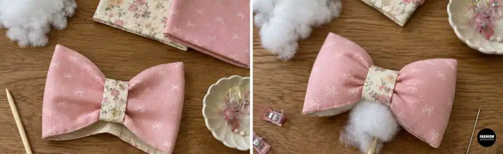 Collage showing a handmade pink fabric bow with floral reverse side being gently filled with polyester stuffing using a wooden tool to create a soft, puffy bow shape.