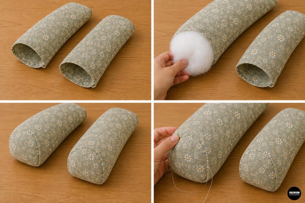 Sewing tutorial collage showing two floral reading pillow armrests turned, filled with polyester fiberfill, and hand stitched closed.