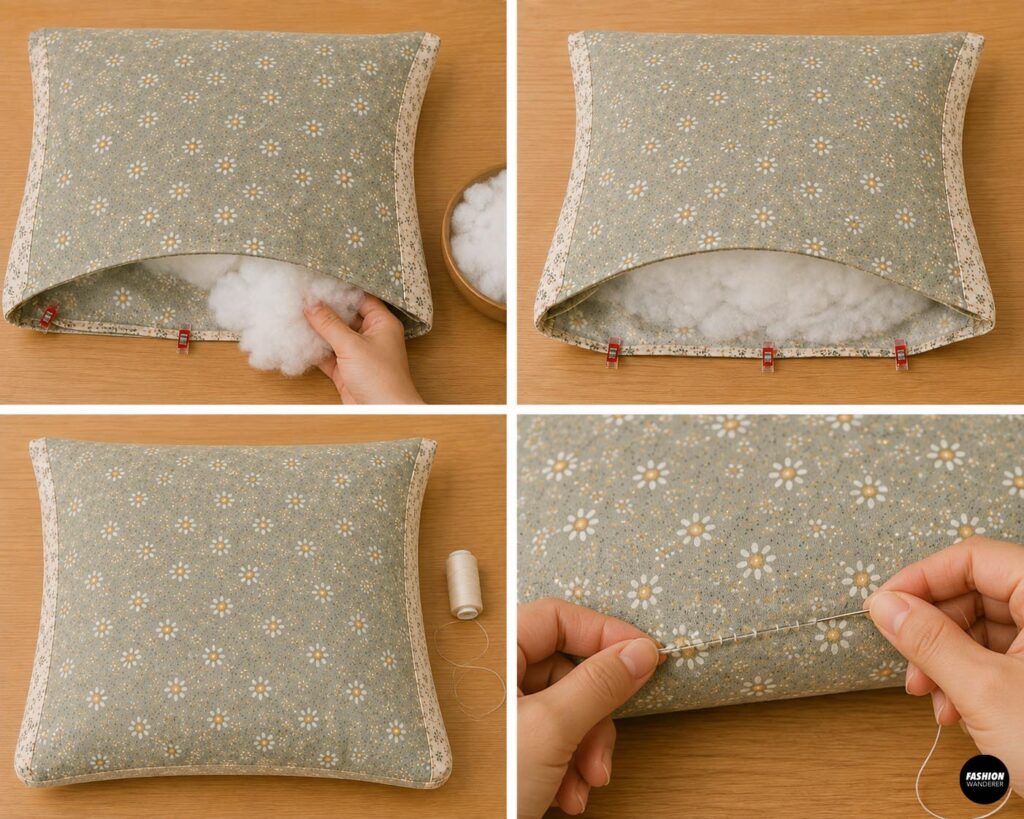 Step-by-step collage showing a handmade floral reading pillow filled with polyester fiberfill and the opening closed by hand with a ladder stitch.