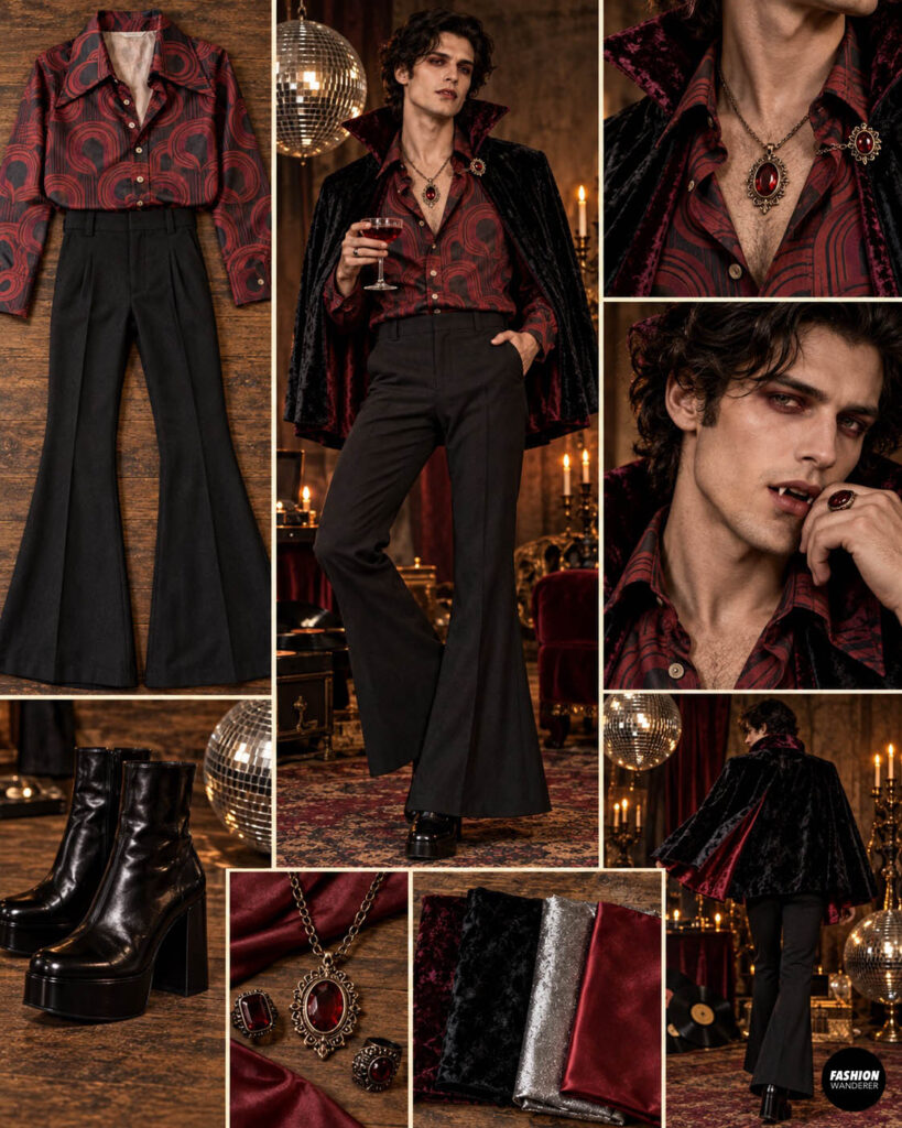 Finished 1970s disco vampire costume featuring a red and black retro shirt, black flared trousers, burgundy velvet cape, platform boots, red gemstone jewelry, smoky makeup, and vampire fangs.