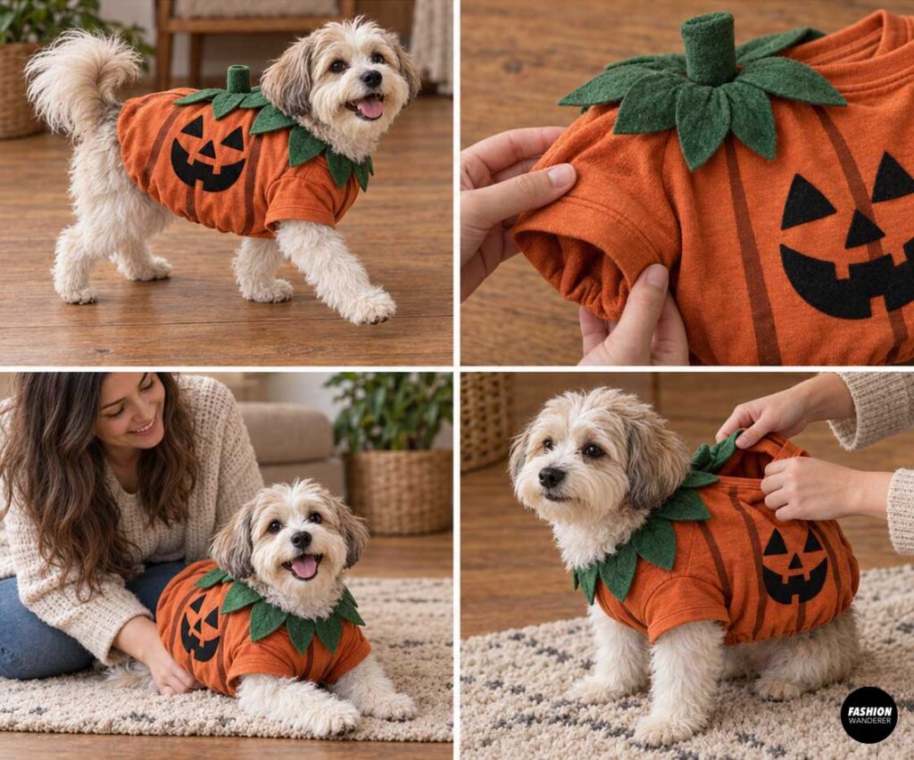 Collage of a small fluffy dog wearing a handmade orange pumpkin costume with a black jack-o&rsquo;-lantern face, green felt leaf collar, pumpkin stem, gathered hem, and vertical pumpkin stripe details.