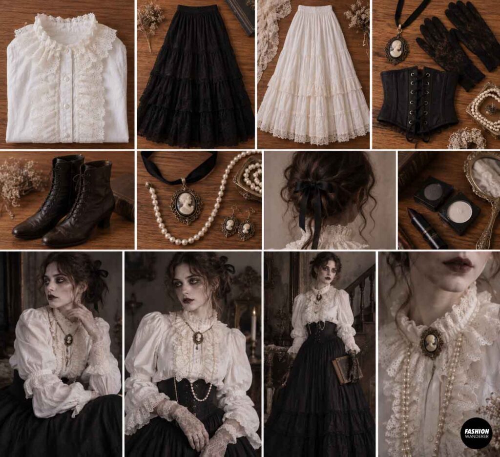 Victorian ghost costume styling collage with a white ruffled blouse, black and white skirts, corset belt, cameo jewelry, lace gloves, boots, pearls, and gothic makeup.