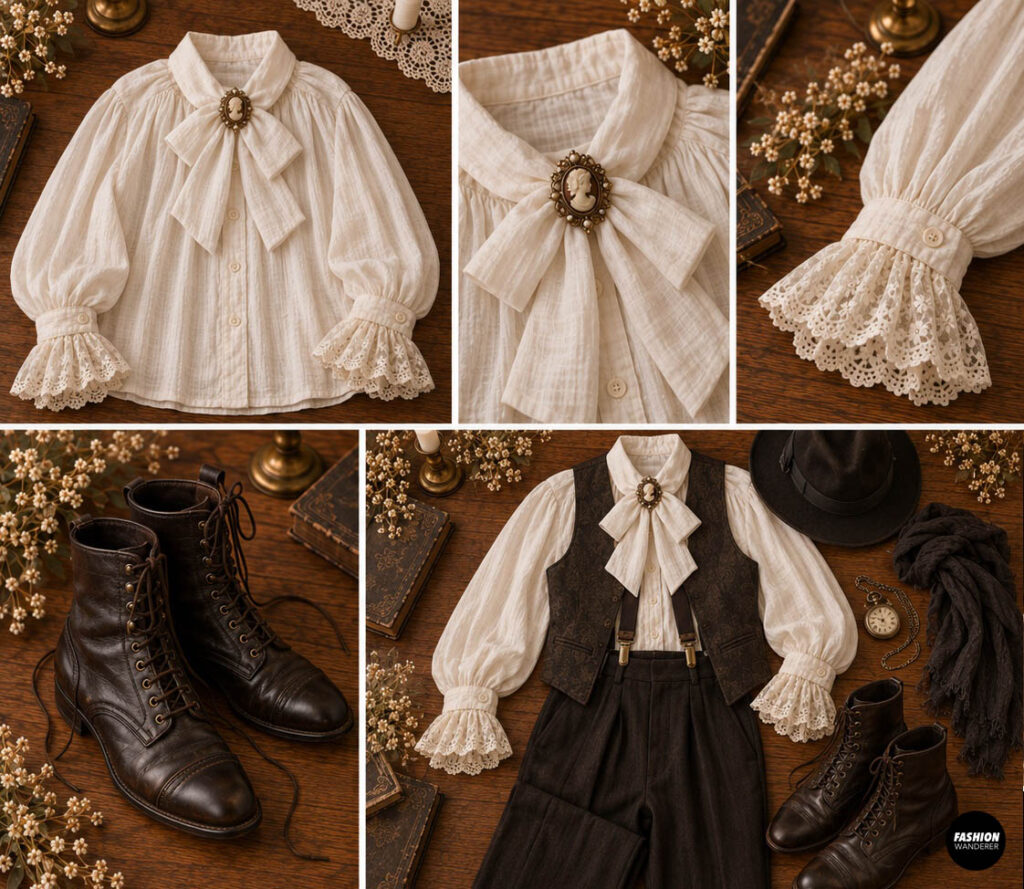 Victorian ghost gentleman costume styling collage featuring an aged white ruffled blouse with cameo cravat, lace cuffs, black vest, suspenders, trousers, vintage books, hat, scarf,