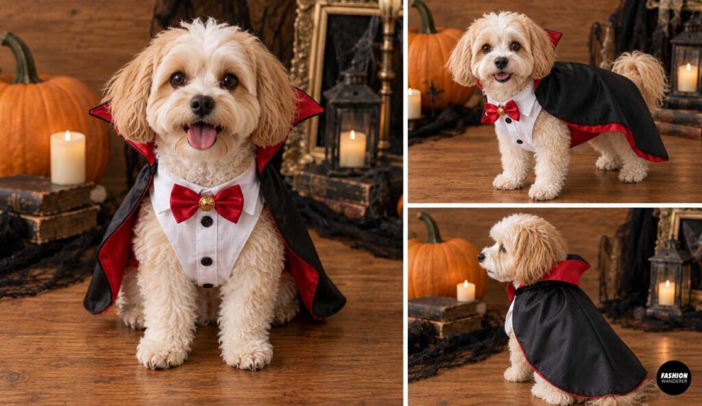 Small fluffy dog modeling a finished vampire Halloween costume with a white shirt front, red bow tie, jeweled medallion, high red-lined black cape, pumpkins, candles, and spooky Halloween d&eacute;cor.