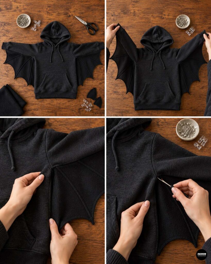 Finished black hoodie displayed with matching bat wings attached under both sleeves, including a view of the sleeves raised to show the full wing shape and movement.