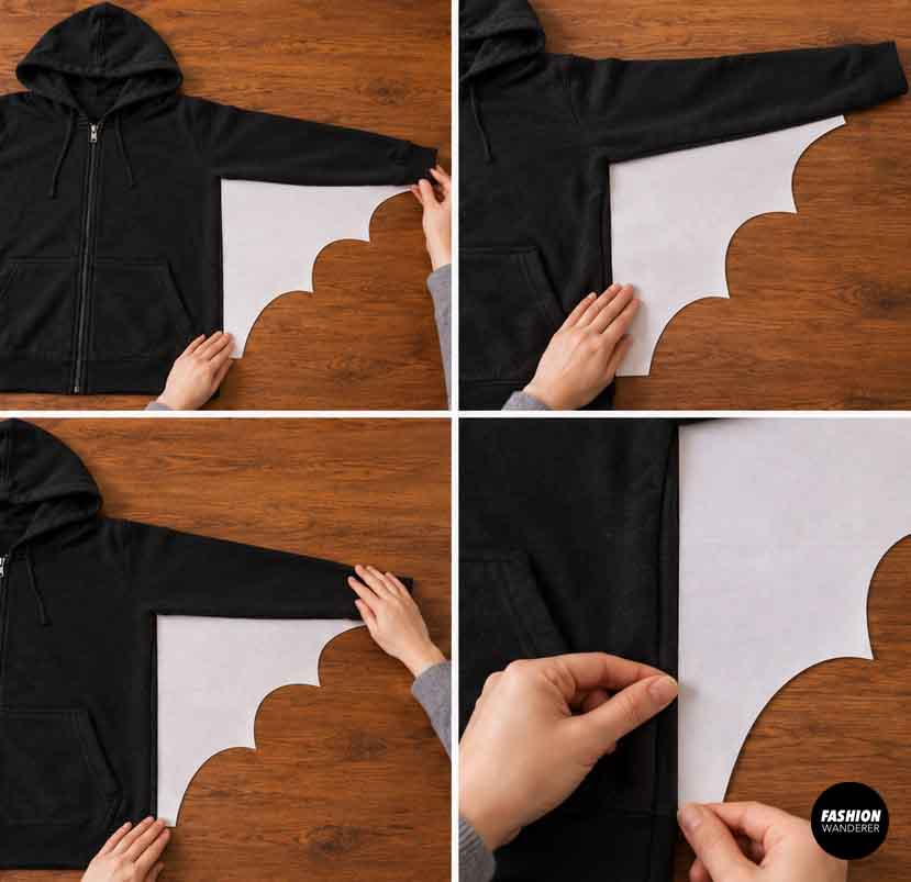 Large paper bat wing template positioned under the sleeve and beside the body of a black zip-up hoodie to check wing size and placement.