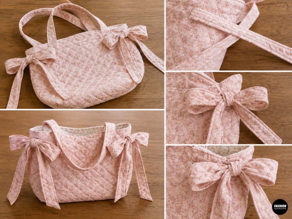 DIY quilted slouchy tote bag tutorial showing the long floral fabric ties being arranged into oversized side bows and the completed pink quilted tote with handles and feminine bow details.