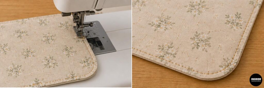 Sewing machine topstitching around the finished rounded edge of a floral fabric cord organizer for a neat, professional finish.