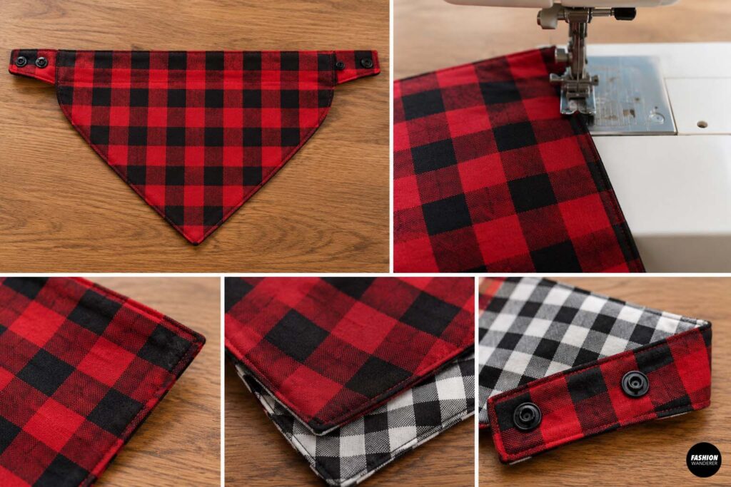 Collage showing a red and black buffalo plaid reversible dog bandana being topstitched around the edges with a sewing machine, with close-ups of neat stitching and the contrasting black-and-white plaid reverse side.