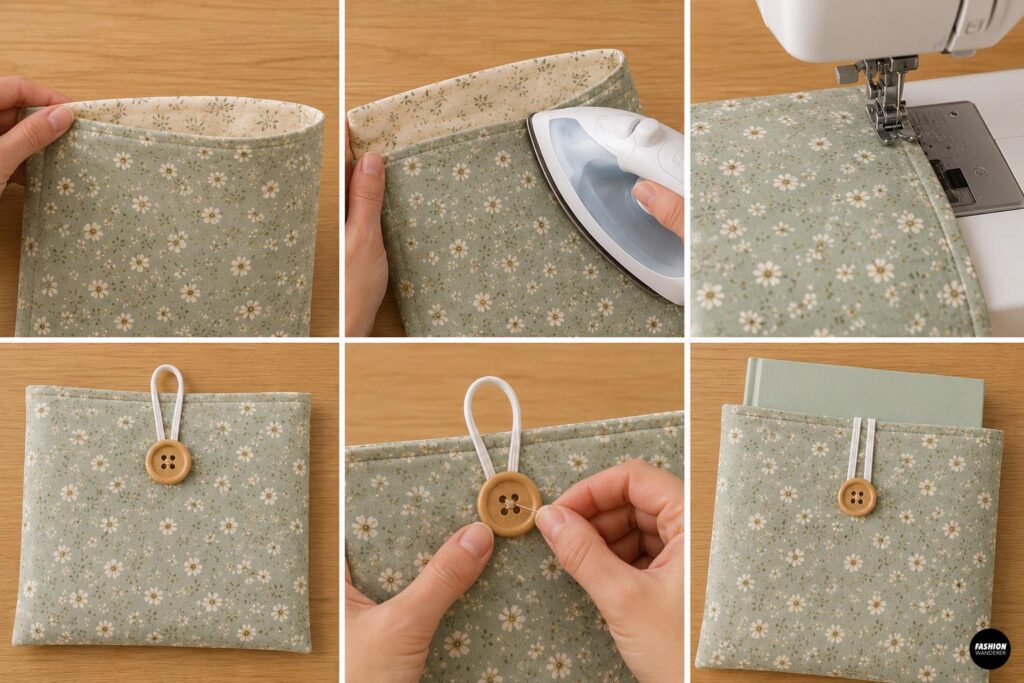 Final steps for pressing and topstitching a sage green floral DIY book sleeve and adding an elastic loop and wooden button closure.