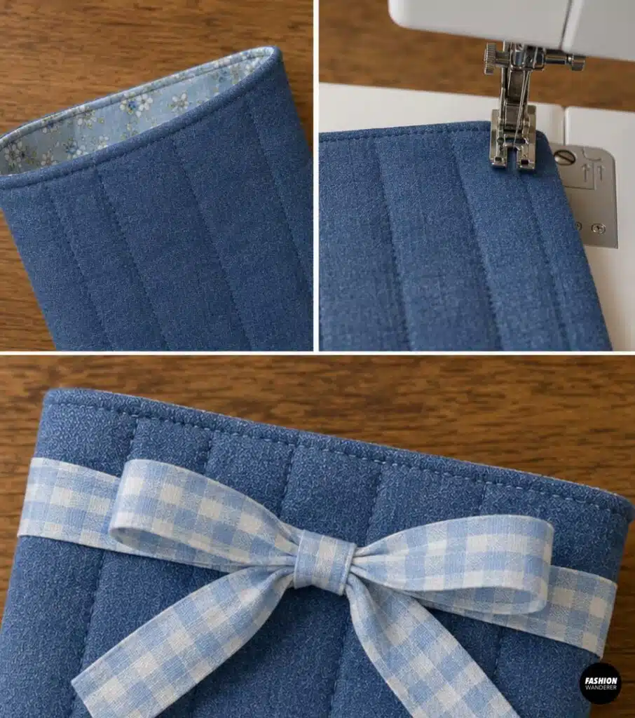 Close-up sewing collage showing the top edge of a blue quilted Kindle sleeve pressed and topstitched, with floral lining inside and a blue gingham bow tied around the finished sleeve.