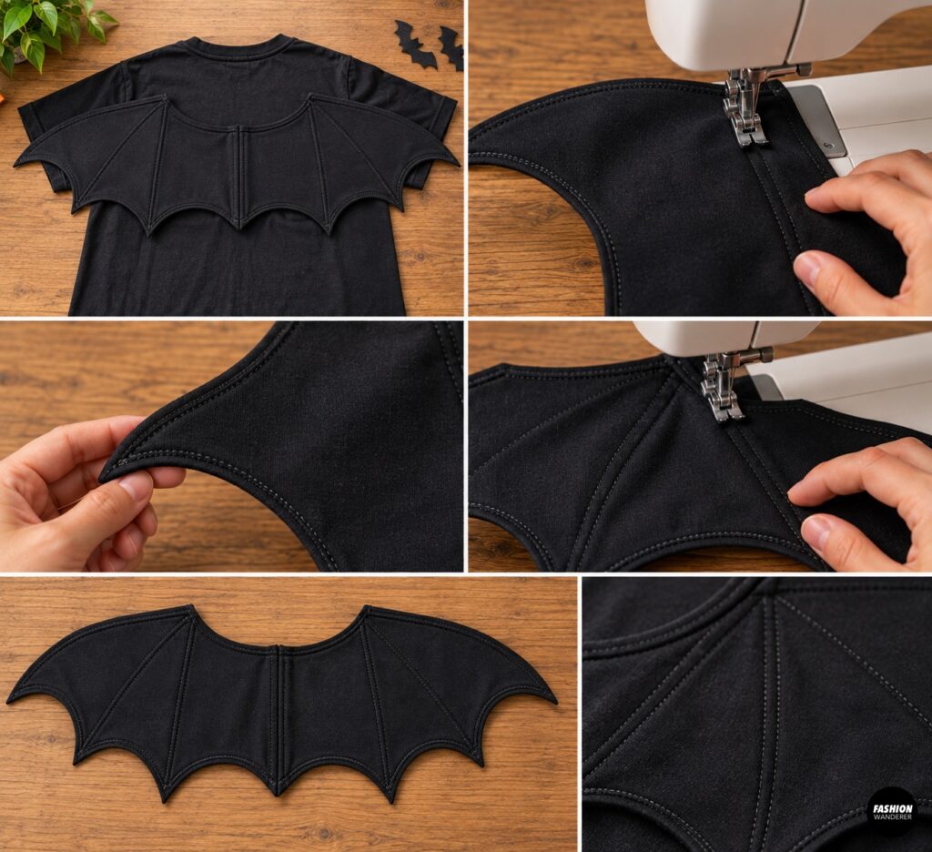 Sewing collage showing black bat wings positioned on T-shirt fabric, edge stitched with a sewing machine, and detailed topstitching added to create decorative bat wing sections.