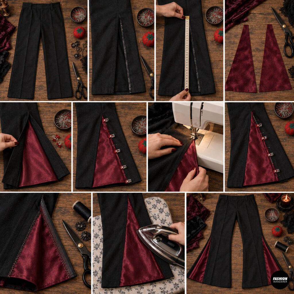 Sewing tutorial showing black straight-leg trousers opened at the lower side seams and fitted with burgundy velvet triangular inserts to create dramatic 1970s-style flared pants.