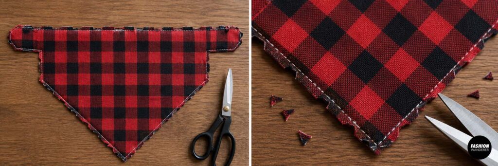 Red buffalo plaid dog bandana after sewing, with seam allowances trimmed and small notches clipped around the pointed and curved edges using fabric scissors.