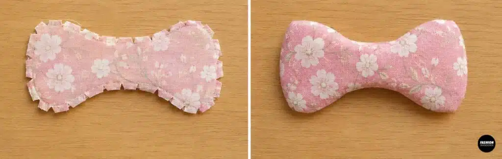 Before-and-after view of a pink floral fabric bow showing the curved seam allowances carefully clipped before the bow is turned right side out for smooth rounded edges.