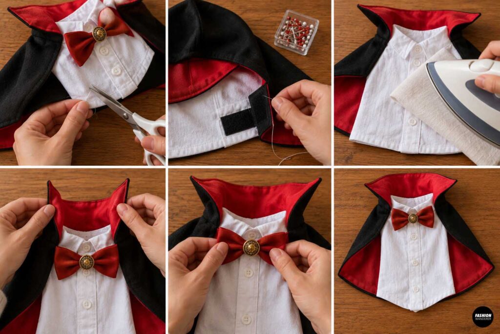 Collage showing final finishing steps for a DIY dog vampire costume, including trimming loose threads, securing closures, pressing the white shirt vest and cape, shaping the dramatic collar, and adjusting the red bow tie.