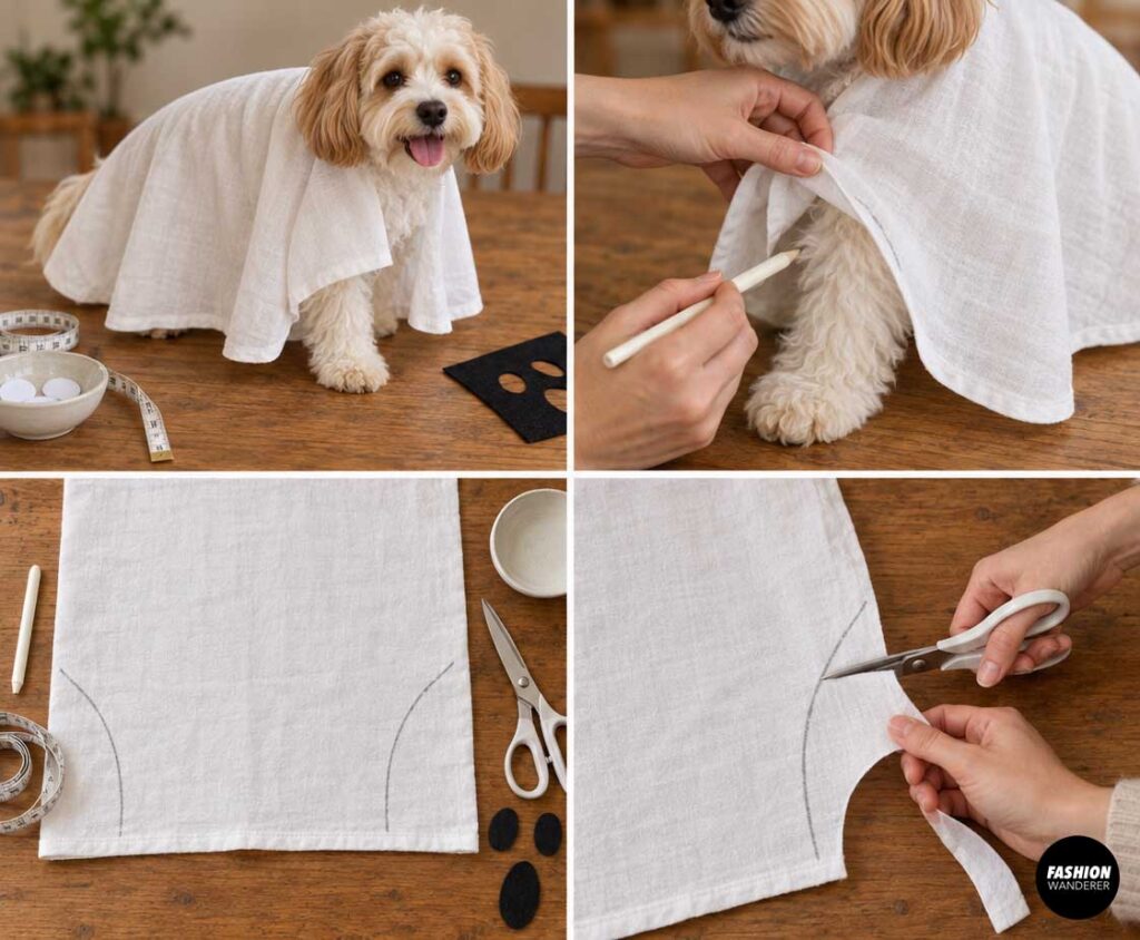 Tutorial collage showing a white ghost cape fitted on a dog, the front leg openings marked, and curved sections cut away to improve comfort and movement.