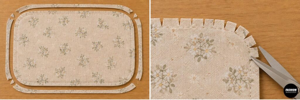 Sewing tutorial showing trimmed seam allowances and clipped curved corners to create smooth edges on a DIY fabric cable organizer.