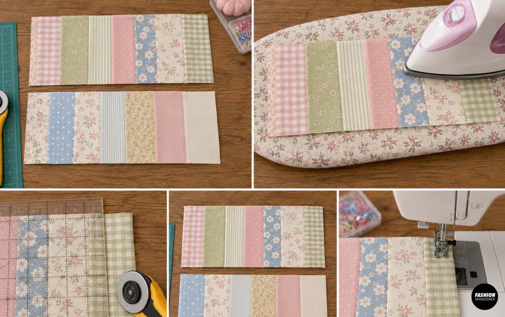 Two pastel patchwork fabric panels made from pink, blue, green, cream, floral, gingham, and striped cotton fabrics being pressed, measured, trimmed, and topstitched for a DIY zipper pouch.