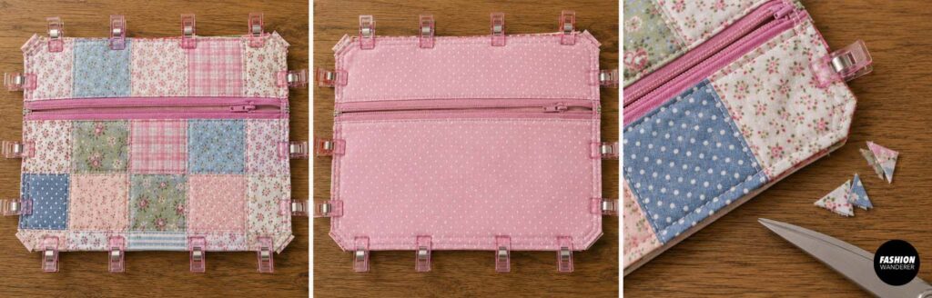 Pastel patchwork zipper pouch and pink lining clipped around the sewn edges, with the corners carefully trimmed to reduce bulk before turning.