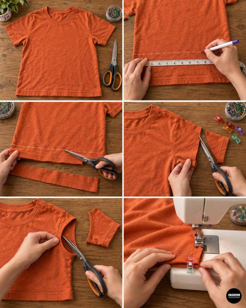 Step-by-step collage showing an orange T-shirt on a wooden table as hands mark a cutting line near the hem, trim off the bottom band, cut the sleeve, trim the armhole, and sew the edge with clips.