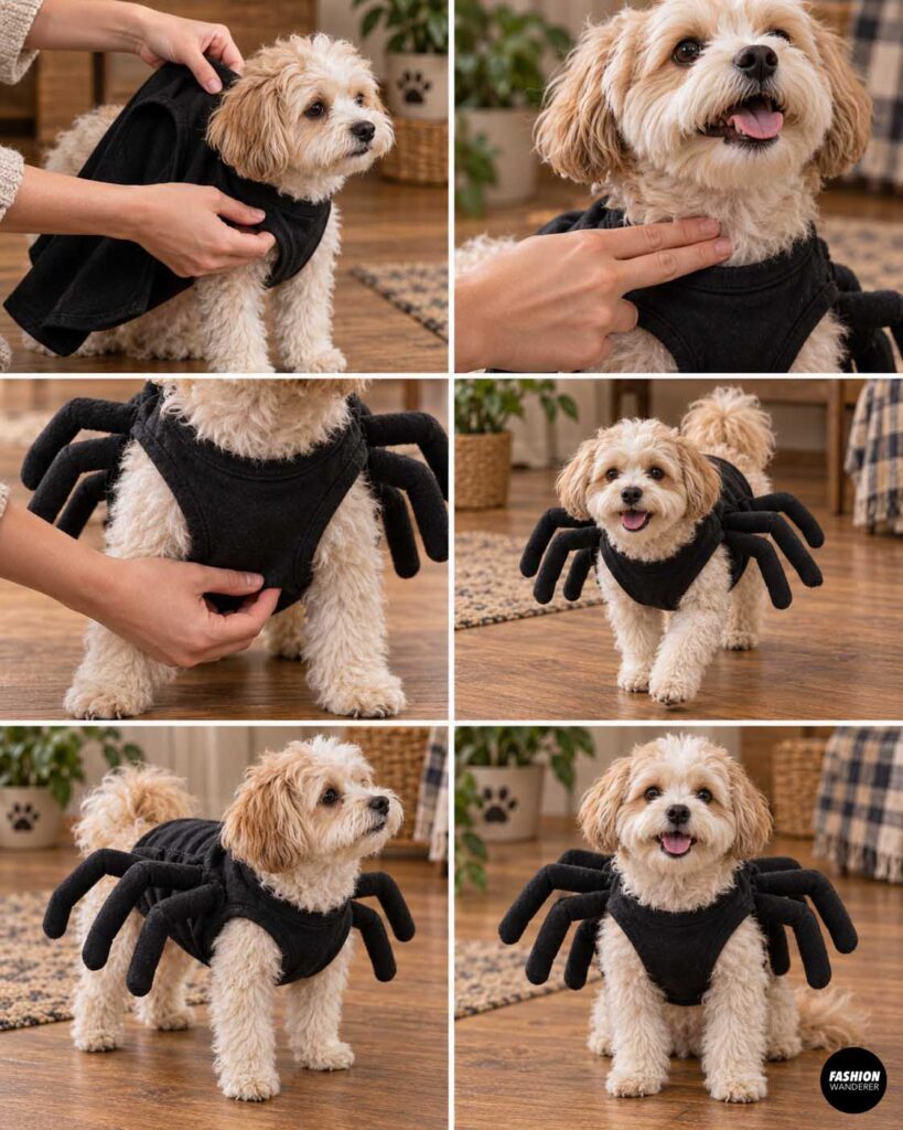 Collage showing a small dog being dressed in the finished black spider costume, checking the neck and chest fit, and modeling eight padded spider legs from front and side views.