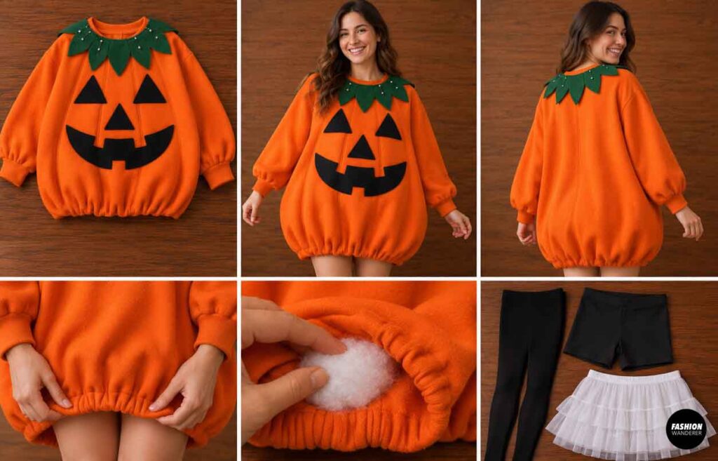 Woman modeling an oversized orange jack-o’-lantern sweatshirt dress with a gathered balloon hem, green leaf collar, and black felt pumpkin face.