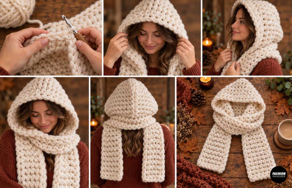 Woman modeling a chunky cream crochet hooded scarf, with close-up views of the oversized hood and finished crochet edging.