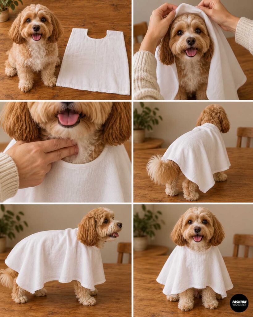 Collage showing a small fluffy dog trying on a white fabric ghost cape from front, side, and back views while checking the neckline and overall fit.