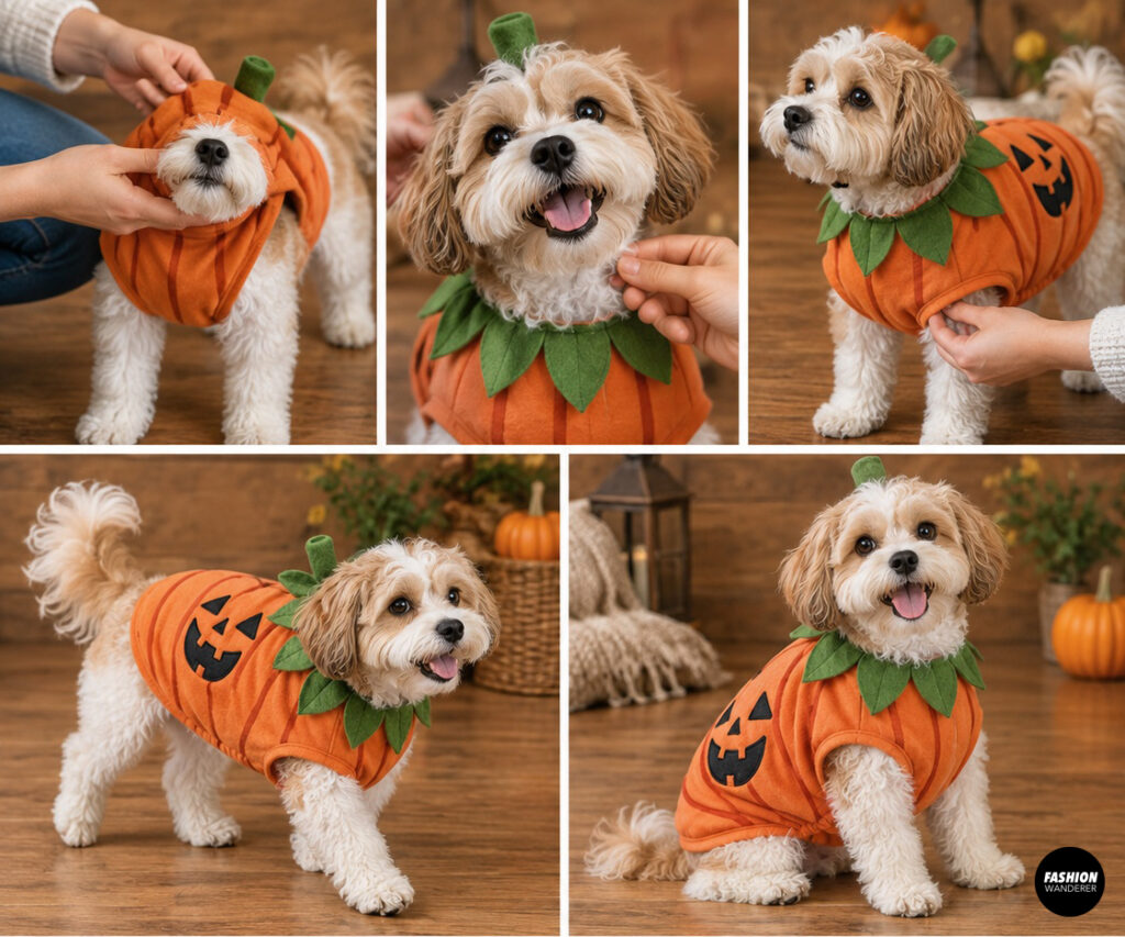 Collage of a small fluffy dog being dressed in the finished orange pumpkin costume with green leaf collar and stem, followed by full-body photos of the dog standing and sitting while wearing the costume.