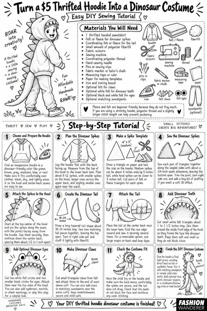 Black-and-white illustrated infographic titled &ldquo;Turn a $5 Thrifted Hoodie Into a Dinosaur Costume,&rdquo; featuring a materials list and 12 beginner-friendly steps for making spikes, a stuffed tail, hood teeth, eyes, claws, and finishing the costume.
