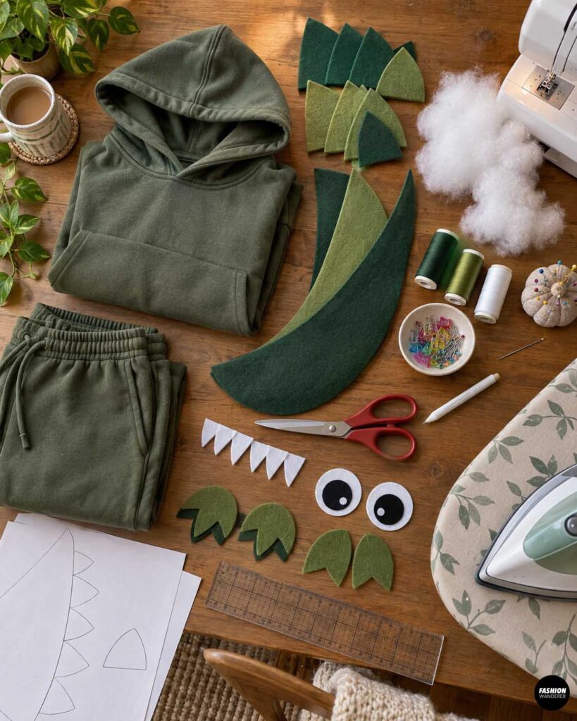 Top-down flat lay of supplies for transforming a green hoodie into a dinosaur costume, including matching sweatpants, green felt and fleece, spike and tail pieces, fiberfill, white felt teeth, felt eyes, scissors, ruler, thread, clips, pins, marking pen, sewing machine, and iron.