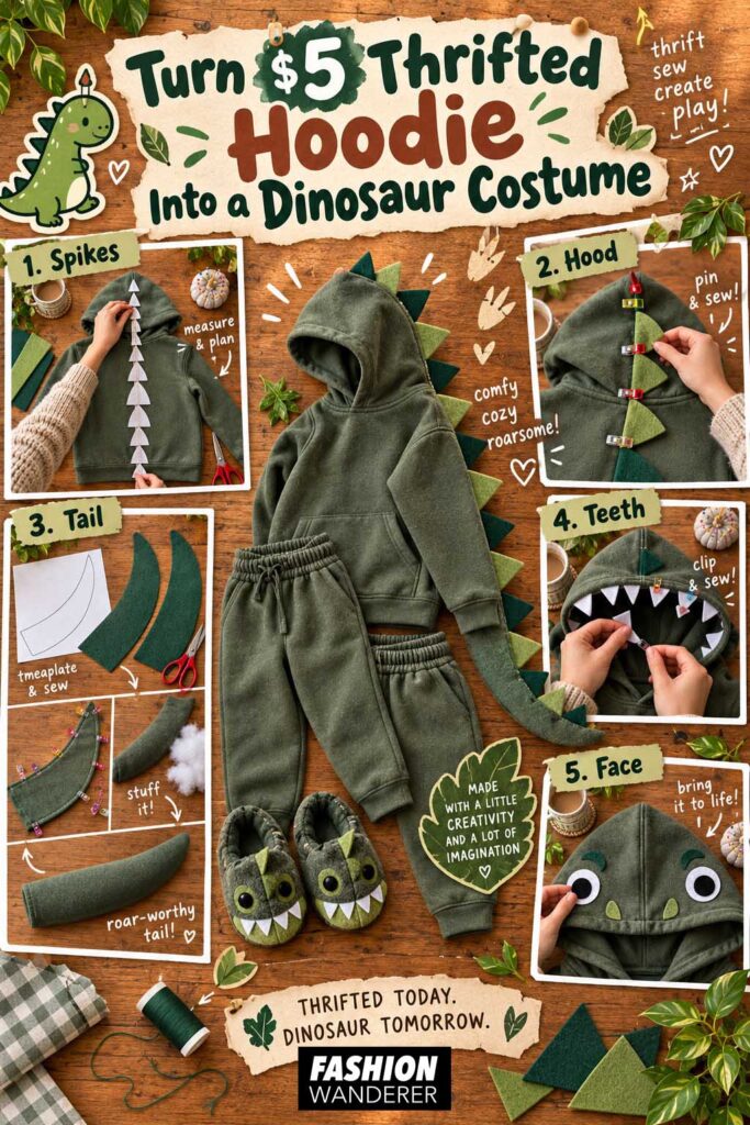 Vertical Pinterest graphic titled &ldquo;Turn a $5 Thrifted Hoodie Into a Dinosaur Costume,&rdquo; featuring the finished green dinosaur hoodie and matching pants with step photos for planning spikes, attaching them to the hood, sewing and stuffing the tail, adding teeth, and creating the face.