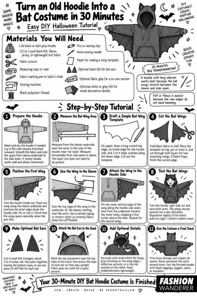 Black-and-white illustrated sewing infographic titled &ldquo;Turn an Old Hoodie Into a Bat Costume in 30 Minutes,&rdquo; featuring a materials list and 12 step-by-step instructions for measuring, cutting, sewing, adding bat wings and ears, decorating, and finishing the costume.