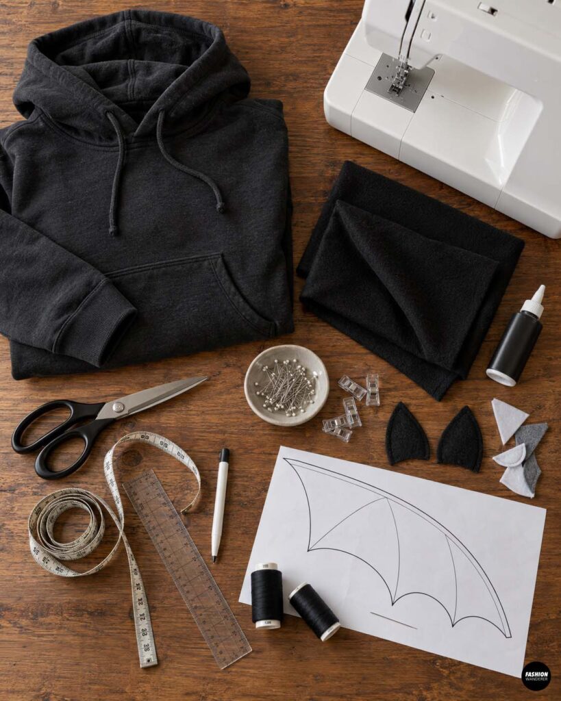 Top-down flat lay of supplies for a DIY bat hoodie costume, including a black hoodie, black fabric, sewing machine, scissors, measuring tape, ruler, marking pen, thread, pins, clips, bat wing paper template, felt pieces, and finished bat ears on a wooden table.