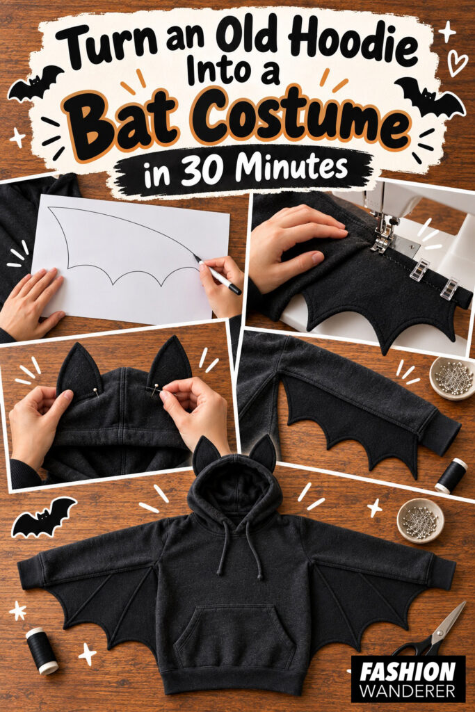 Vertical Pinterest graphic titled &ldquo;Turn an Old Hoodie Into a Bat Costume in 30 Minutes,&rdquo; featuring photos of drafting a bat wing template, sewing the wing, attaching bat ears, and the finished black bat-wing hoodie costume.