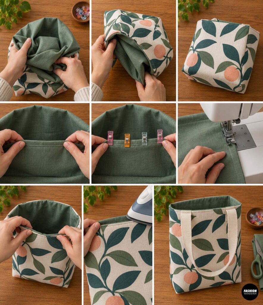 Sewing collage showing the green lining pulled through the opening, lining seam closed, top edge pressed and topstitched, and the completed reusable citrus print lunch bag with cream handles.