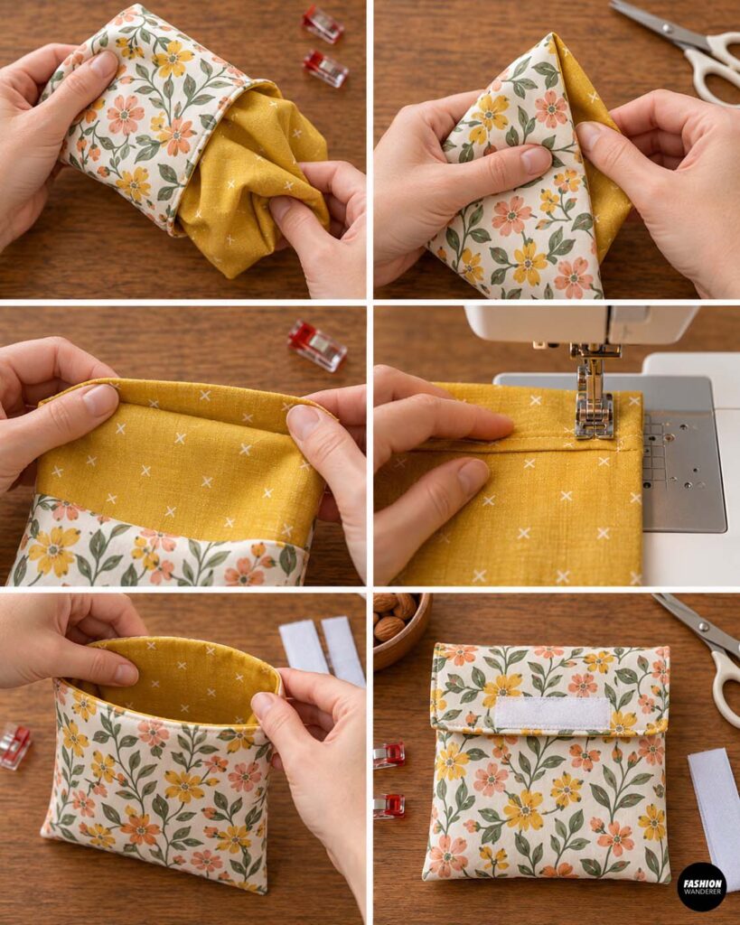 Step-by-step collage showing the snack pouch turned right side out, lining opening folded and topstitched closed, and the completed floral reusable snack pouch with hook-and-loop flap closure.