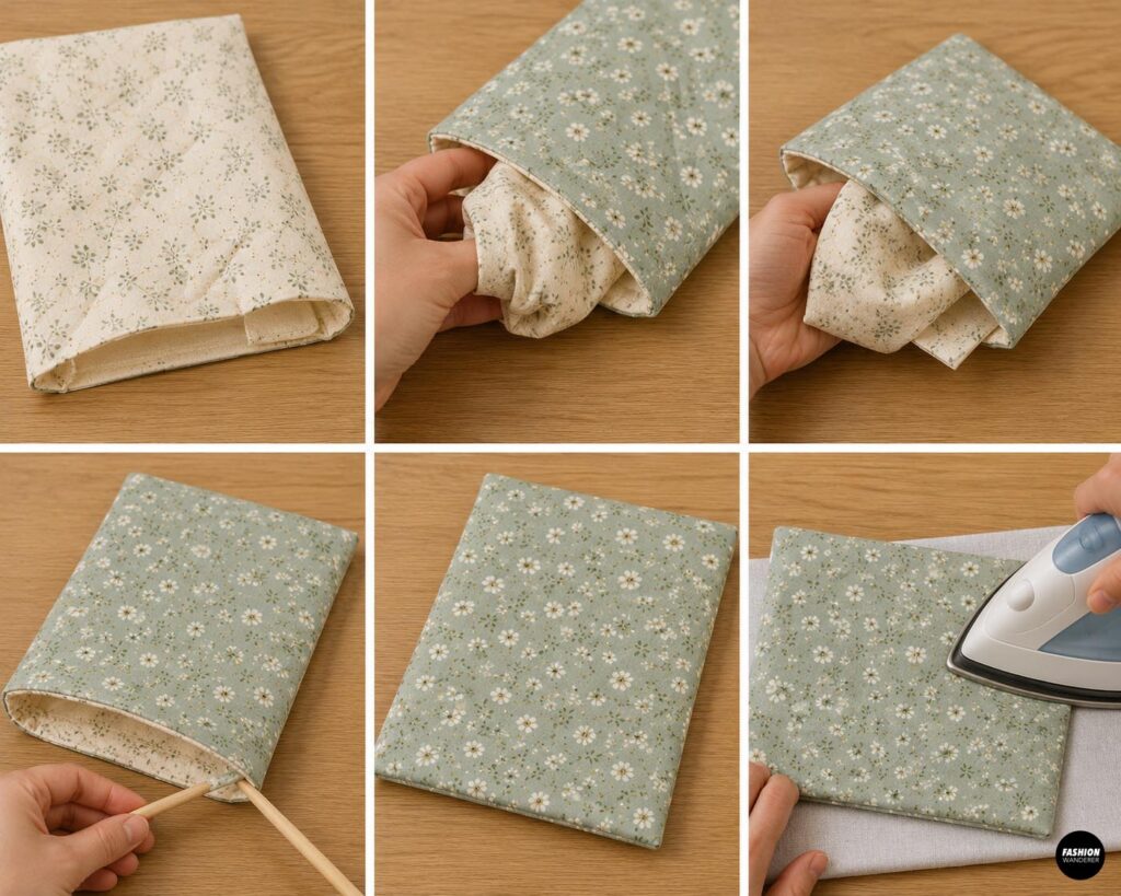 Step-by-step collage showing a DIY floral book sleeve turned right side out through the lining and pressed smooth.