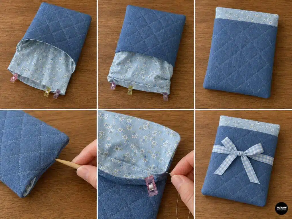 Sewing tutorial collage showing the quilted Kindle sleeve turned right side out through the lining opening, corners shaped, opening hand stitched closed, and gingham bow tied around the finished sleeve.