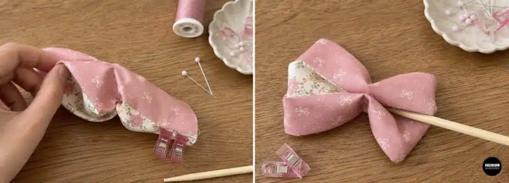 Two-step collage showing a sewn pink fabric bow being turned right side out through the opening and shaped with a wooden turning tool to create smooth corners and curves.